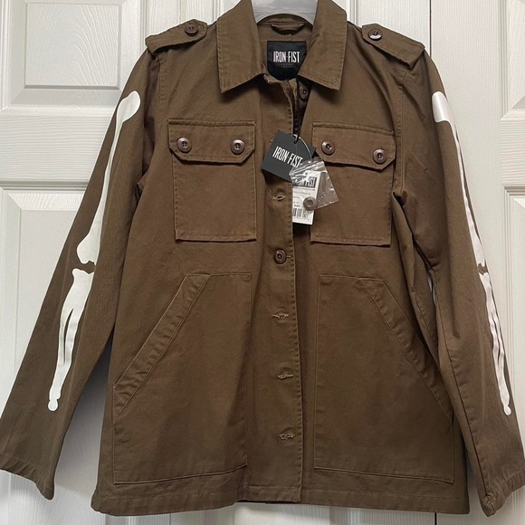 Iron Fist Jackets & Blazers - NEW! IRON FIST Bone In LARGE Military Jacket Army Olive Khaki Brown Skeleton